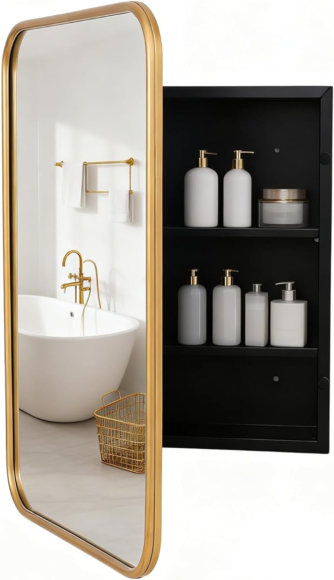 Brushed gold rounded rectangle mirror medicine cabinet